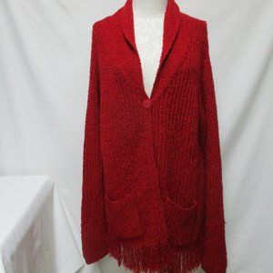 Carol Rose knit Sweater Coat w/Pockets & Fringe red Cardigan Size Sz X-Large XL